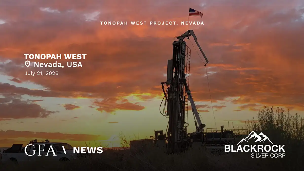 Drilling rig at the Tonopah West silver project site in Nevada at sunset