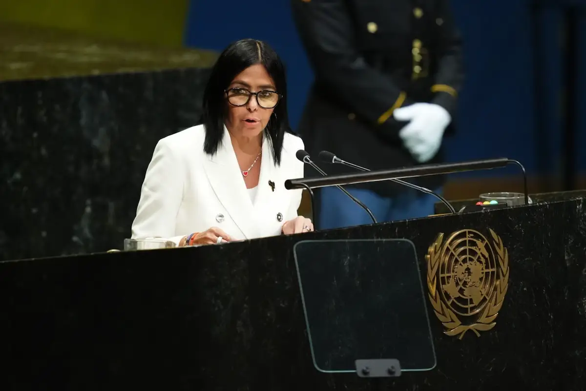 Delcy Rodríguez, Venezuela's interim president, speaking at a podium during the United Nations General Assembly
